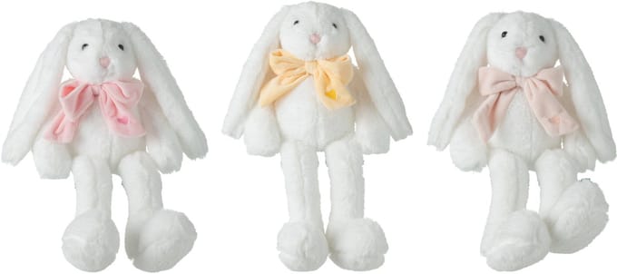 J-Line knuffel Konijn met Strik - polyester - wit - 3 st.