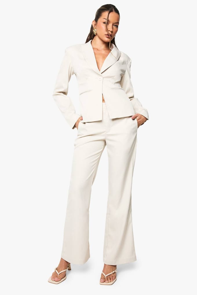 boohoo Dames Shoulder Pad Cinched Waist Tailored Blazer | Steen | Maat: 40