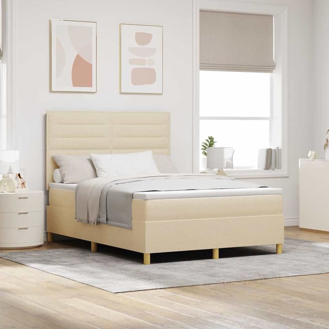 vidaXL - Boxspring - bed - met - matras - met - hoofdeinde - Crème - 140 - x - 190 - cm - Stof