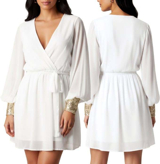 John Zack - witte chiffon jurk met pailletten / S