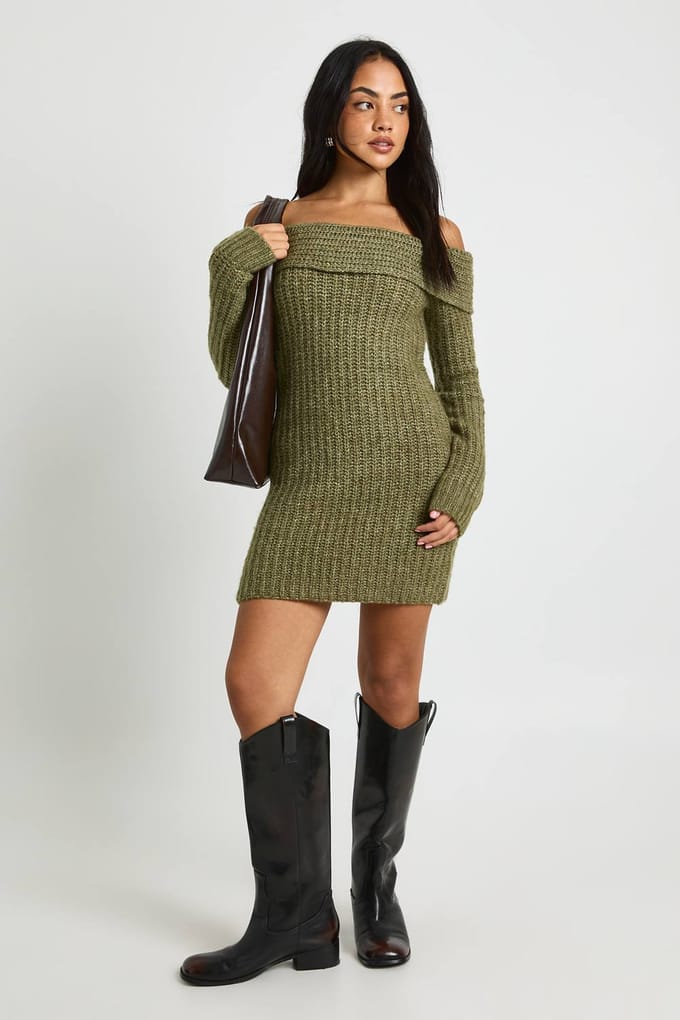 boohoo Dames Chunky Knit Bardot Mini Jurk | Khaki | Maat: Medium