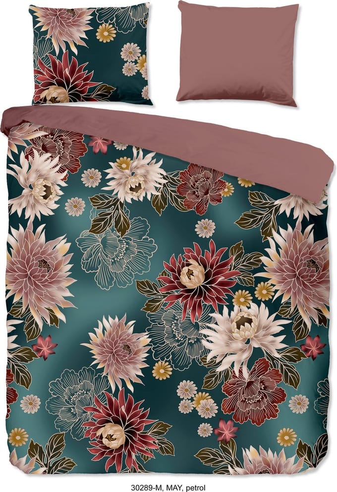 Pure dekbedovertrek bloemen - 2 persoons 200x200/220 cm - Petrol - Microvezel