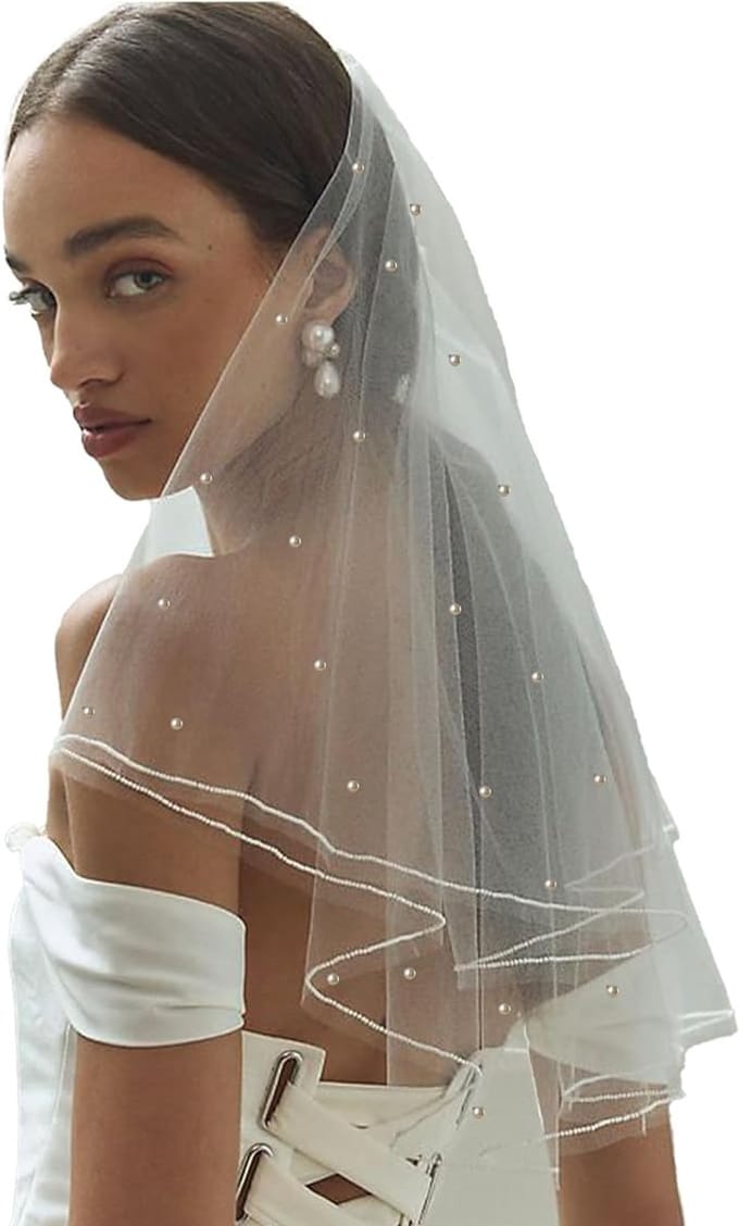 Daity Een korte witte bruidssluier - met parels en strass-steentjes - geschikt voor bruiden en dames (wit).