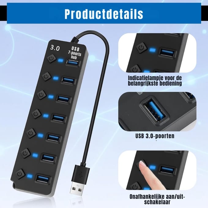TIM® USB Hub met Voeding - USB Hub - USB Splitter - Zwart - 18cm x 18cm x 2cm