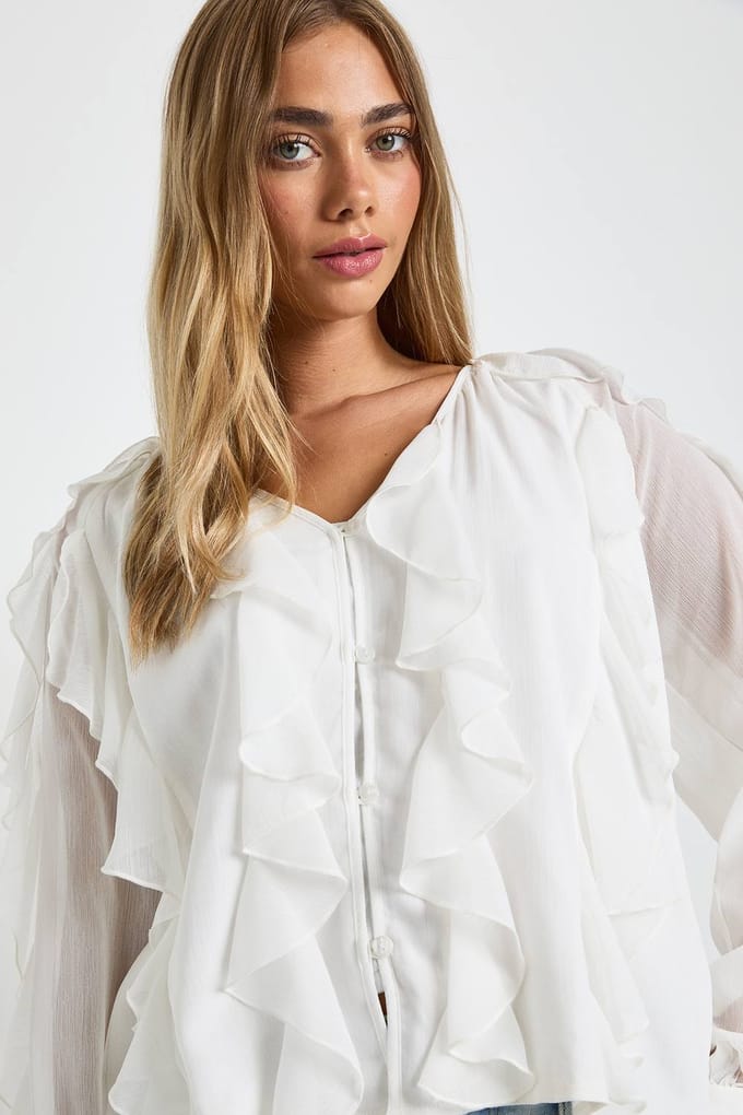 boohoo Dames Chiffon blouse met ruches | Creme | Maat: 34
