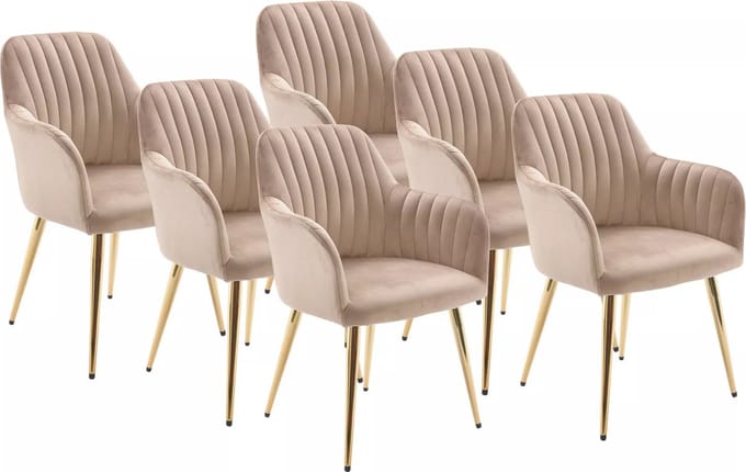 Vente-unique Set van 6 stoelen met armleuningen van fluweel en goudkleurig metaal - Beige - ELEANA