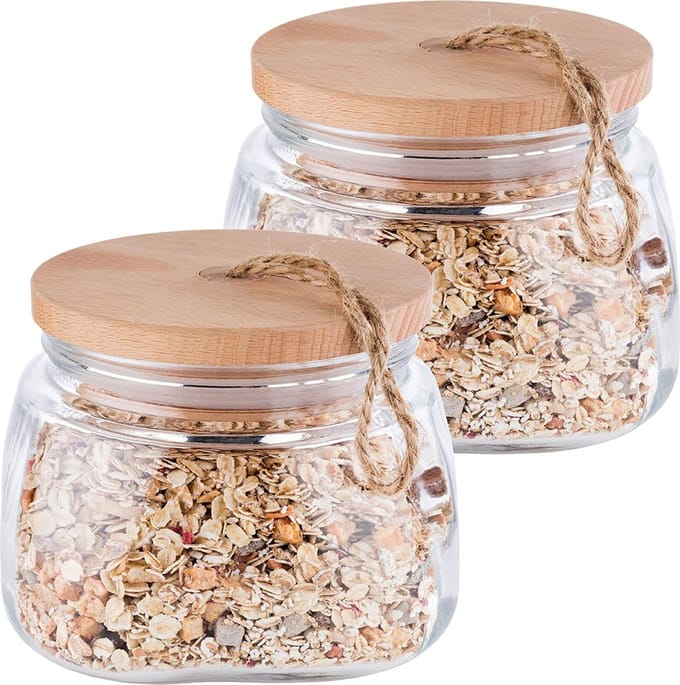 APS Woody Voorraadpot Glas - Houten Deksel met Siliconenn Afdichting - Vershouddoos - 1L - Set van 2