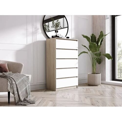 Ladekast met 5 lades, Sonoma eiken / mat wit, 70 x 39 x 125 cm