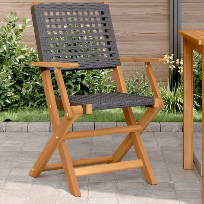 vidaXL - Opklapbare - stoelen, - 2 - stuks, - zwart, - massief - acaciahout - en - polyrotan.