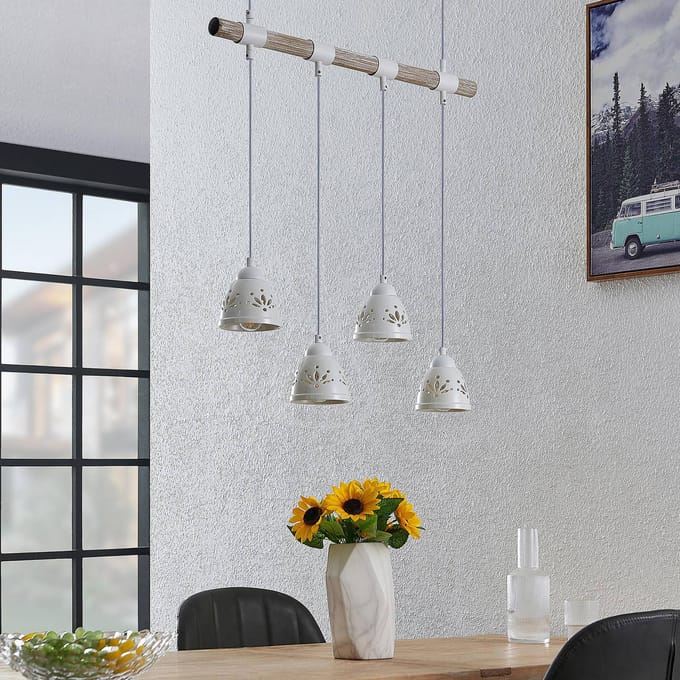 Lindby - hanglamp - 4lichts - staal, keramiek, hout - H: 12 cm - E14 - licht hout, wit