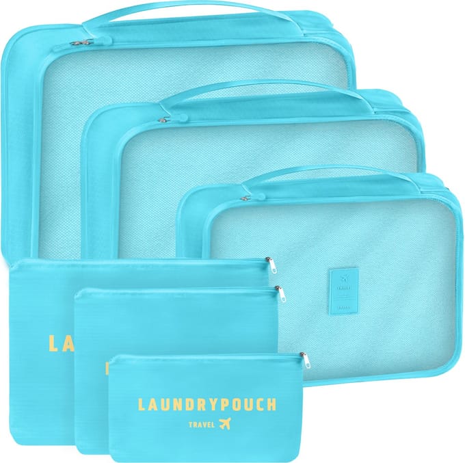 QY Packing Cubes Koffer Organizer Set – Kleding Organizer met 3 Packing Cubes & 3 Laundry Pouches – Lichtblauw