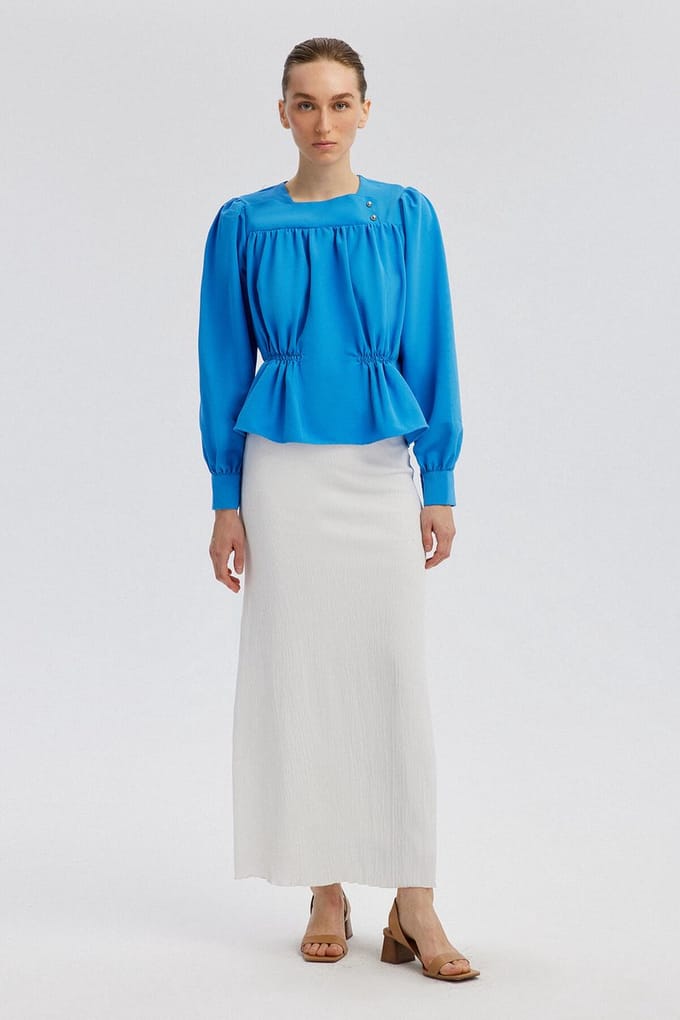 Touché Privé - Blouse met linnenstructuur en plooien - Blauw - Dames