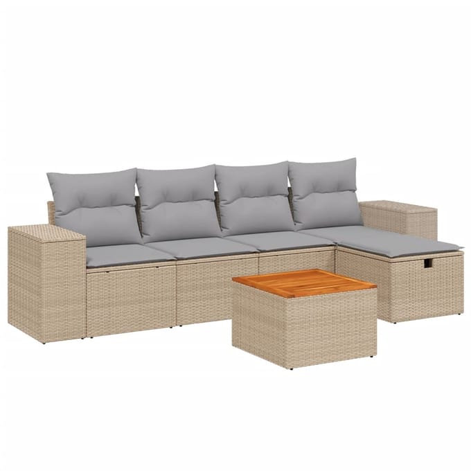 vidaXL - 6-delige - Loungeset - met - kussens - poly - rattan - gemengd - beige