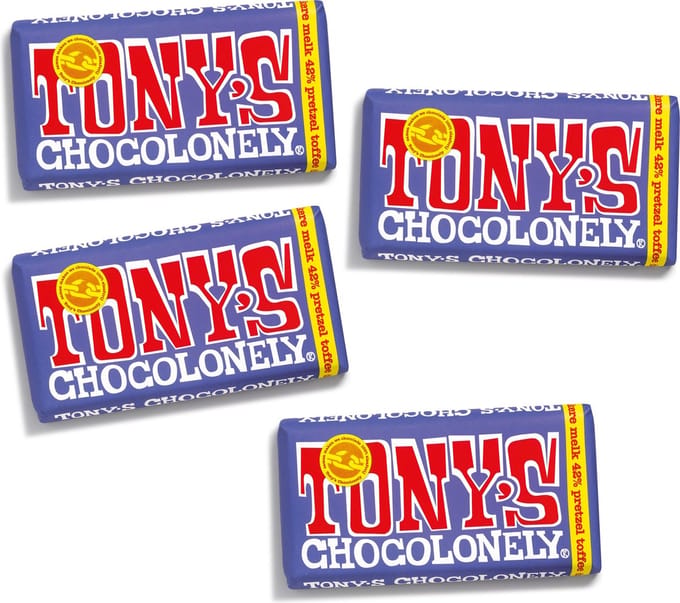 Tony's Chocolonely Donkere Melk Pretzel Toffee Chocolade Reep - 4 x 180 gram Chocola