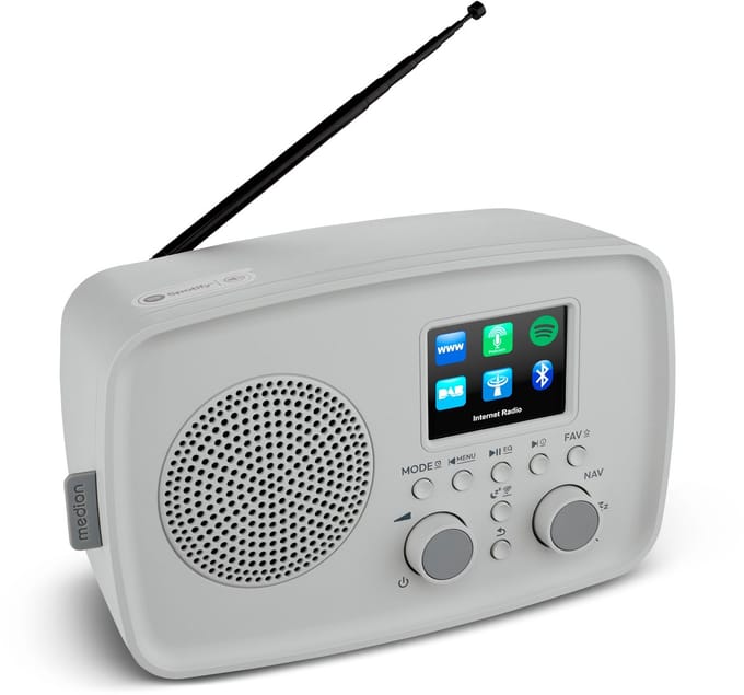 MEDION Internetradio met DAB+ IRE-1 (DAB+, wifi, FM, Bluetooth, spatwaterdicht, telescoopantenne, Spotify Connect, wekker, dimmer) grijs