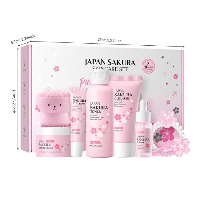 Premium LAIKOU Sakura 8-Piece Face Clean and Care Set as Birthday Gift 8 pc pink