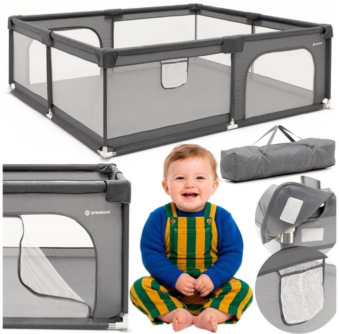 Springos Grondbox - Kinderbox - Speelbox - Inklapbaar - Opvouwbaar - Antislip -Grijs - 180x150x66 cm