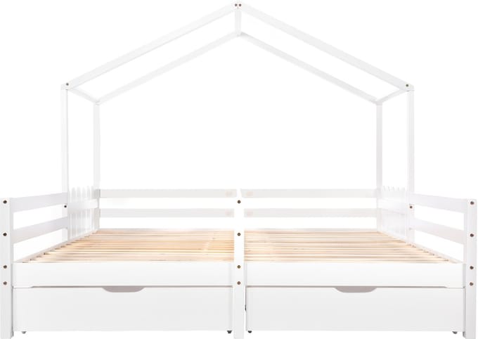 REDOM Huisbed 200x90 cm – Wit – Splitsbaar dubbelbed – Met 2 MDF-lades op rollen & veilig hekje
