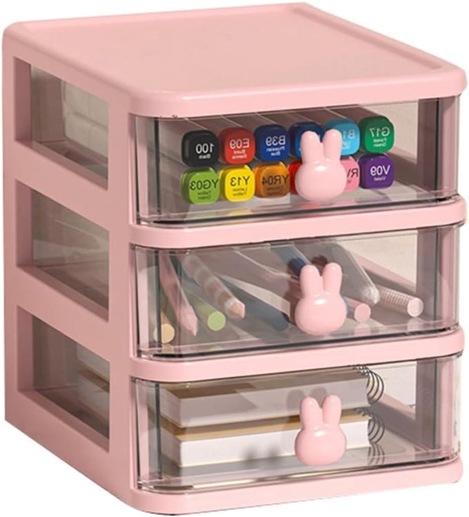 Multi-laags opbergdoos voor bureau, stapelbare plastic lade-organizer met konijnenhandvat, vouwbaar speelgoedcontainer (roze)