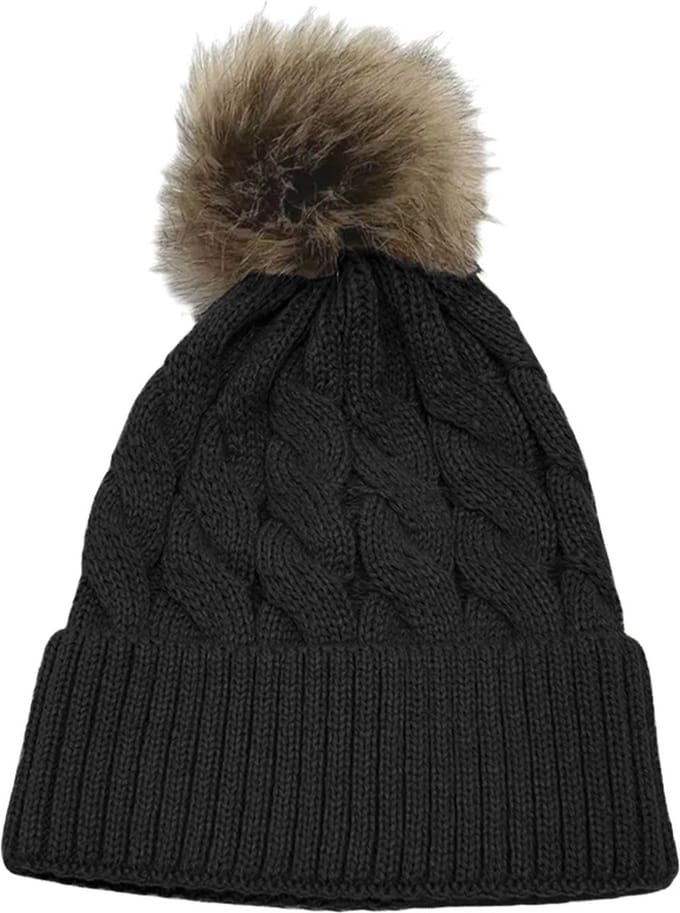 Zwarte muts met pompon - zwart - zwarte damesmuts met fleece en breisel - gebreide wintermuts - STUDIO Ivana