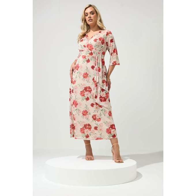 Yours London Ivoorwitte Mesh Wikkeljurk Met Bloemenprint Size 44