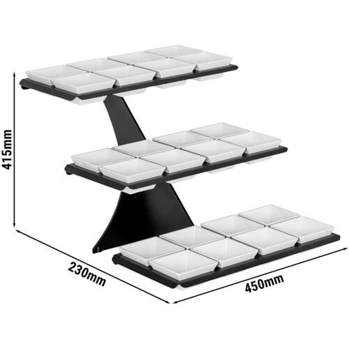 GGM Gastro Buffetstandaard - zwart gecoat RVS - 3-laags - 320x460mm - Hoogte: 420mm - incl. 24 melamineschaaltjes 100x100mm zwart