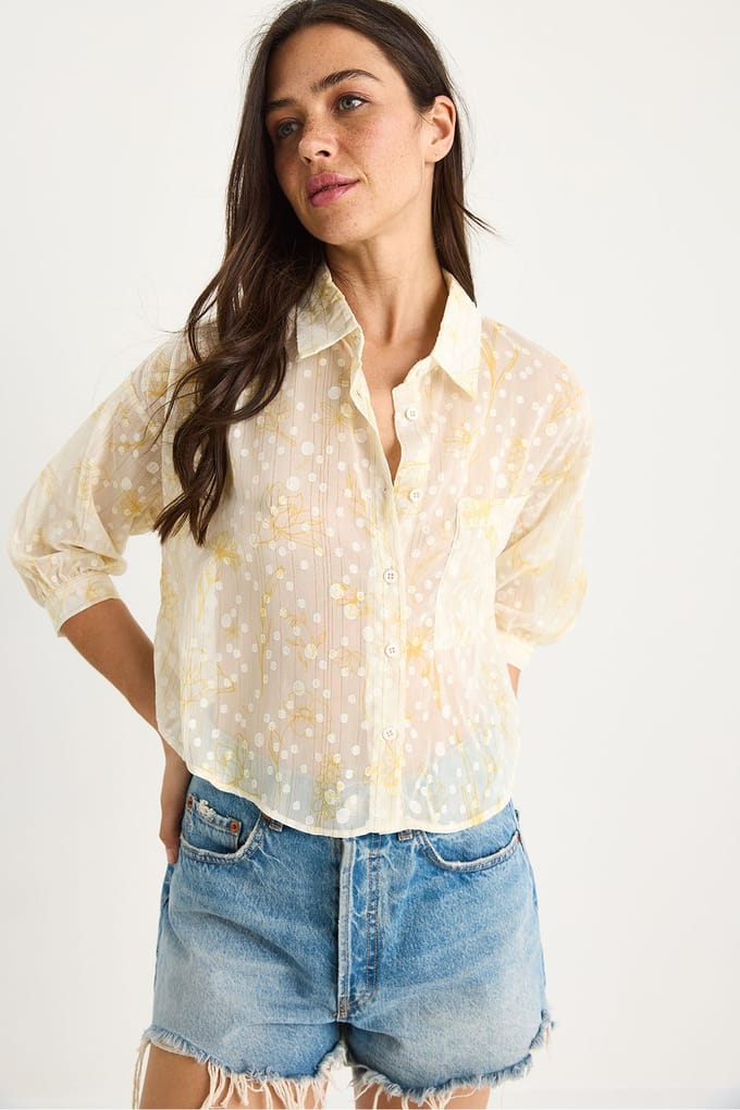 Bloemige Jacquard Korte Mouw Knopshirt met Zak