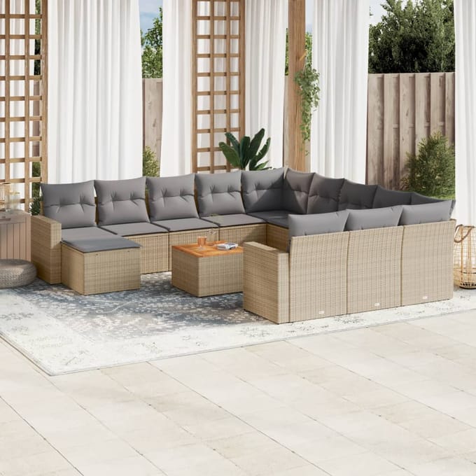 vidaXL - 13-delige - Loungeset - met - kussens - poly - rattan - beige