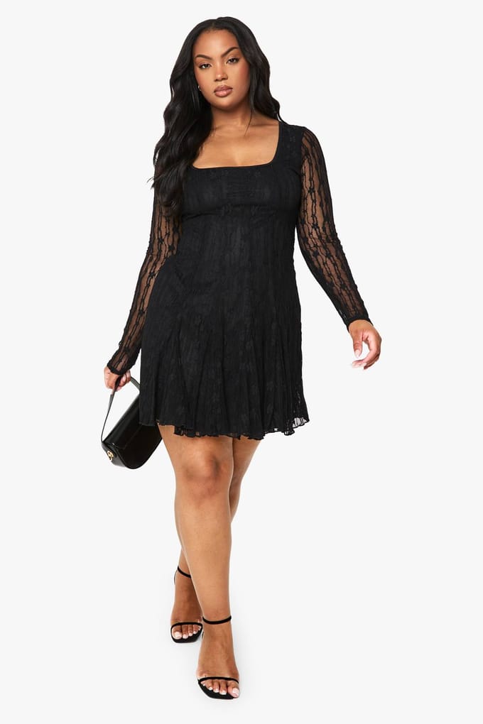 boohoo Dames Plus kanten godet mini skater jurk | Black | Maat: 28