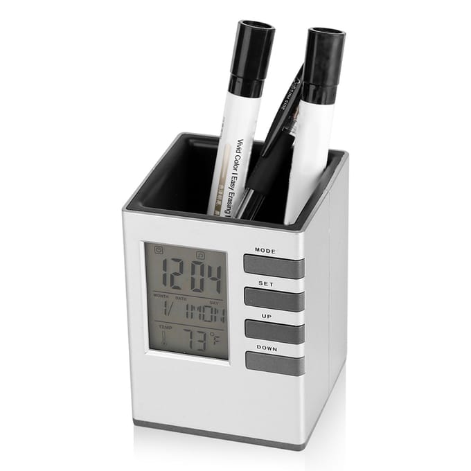 Multifunctioneel LED Digitaal LCD Scherm Temperatuurweergave Wekker Pennenhouder Etui Cadeau white