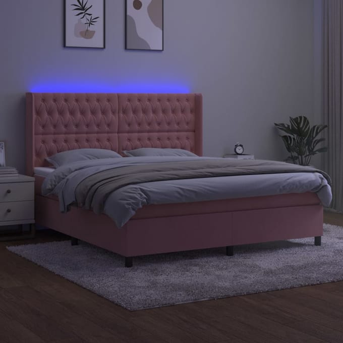 vidaXL - Boxspring - met - matras - en - LED - fluweel - roze - 180x200 - cm