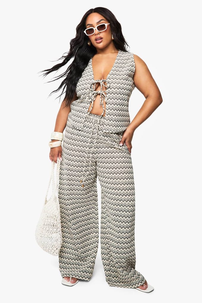 boohoo Dames Plus Zig Zag Gebreide Strandbroek | Mono | Maat: 28
