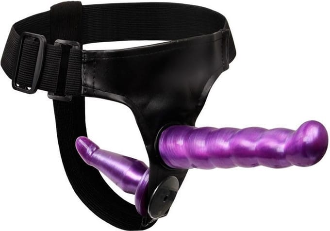 Nooitmeersaai - Verstelbare dubbele strap-on met paarse dildo - 18 cm