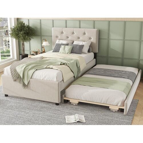 ModernLuxe Eenpersoons fluwelen bed met uitschuifbaar bed 90x200cm - Beige