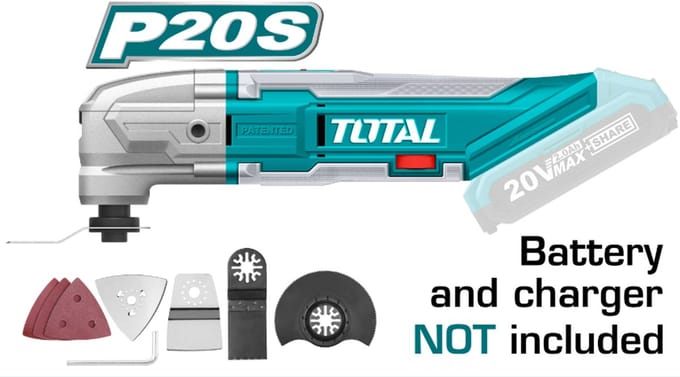 Total Tools Multitool 20V - Oscillerend 3,2° - 6 snelheden - 5000-20000rpm - Losse body incl. 8 accessoires