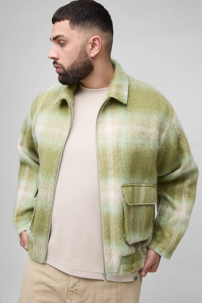 Plus Brushed Check Cargo Pocket Oversized Overshirt | Green | Size 2XL