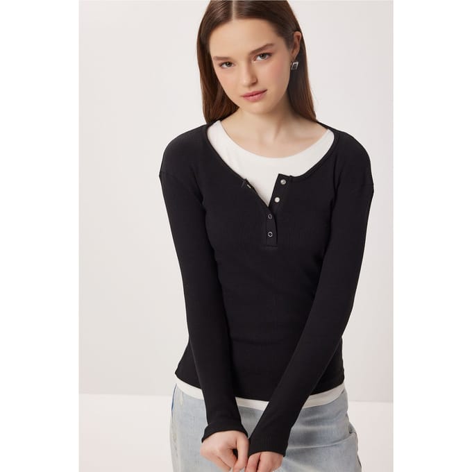 Slim Fit Geribbelde Overhemdblouse met Lange Mouwen