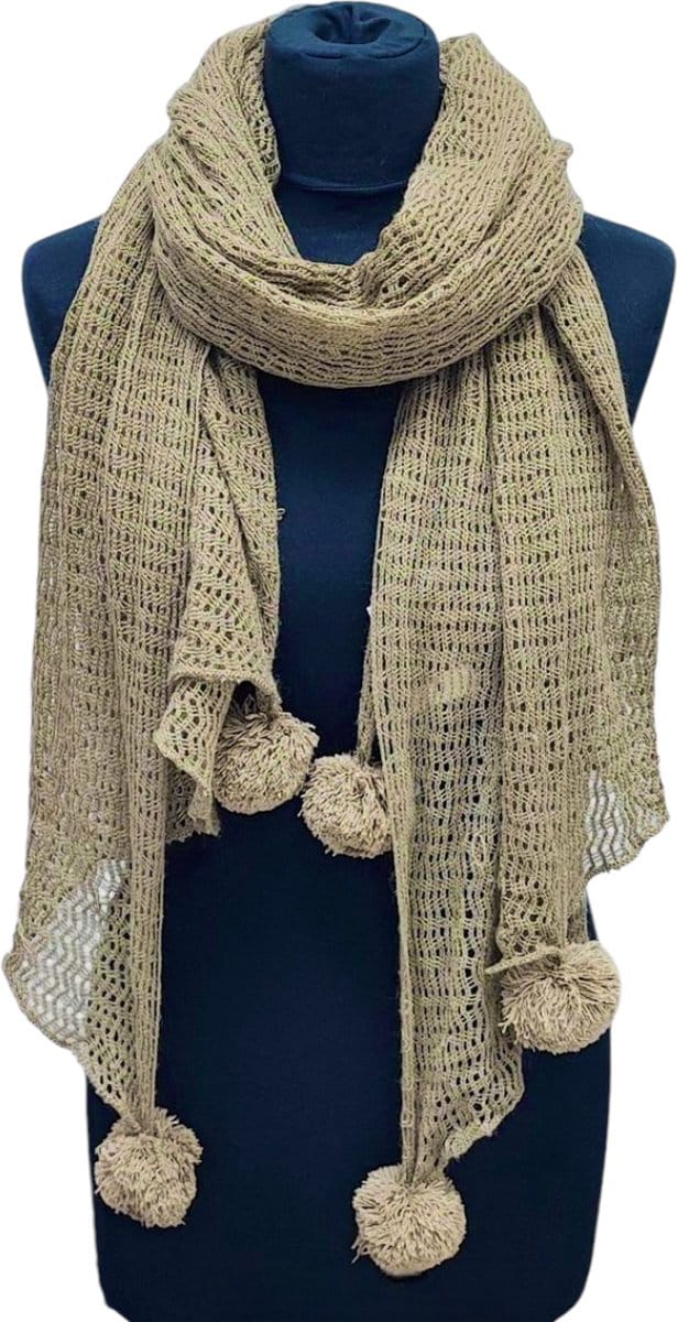 Lange Gebreide Sjaal - Pompon - Khaki - 200 x 65 cm (4637)