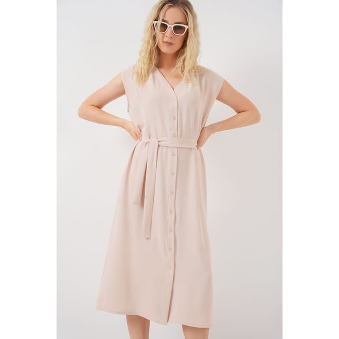 Textuur V-hals Midi-jurk met Knopsluiting