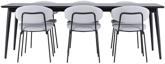 Ellis eethoek tafel 85x230cm en 6 bouclé stoelen zwart.
