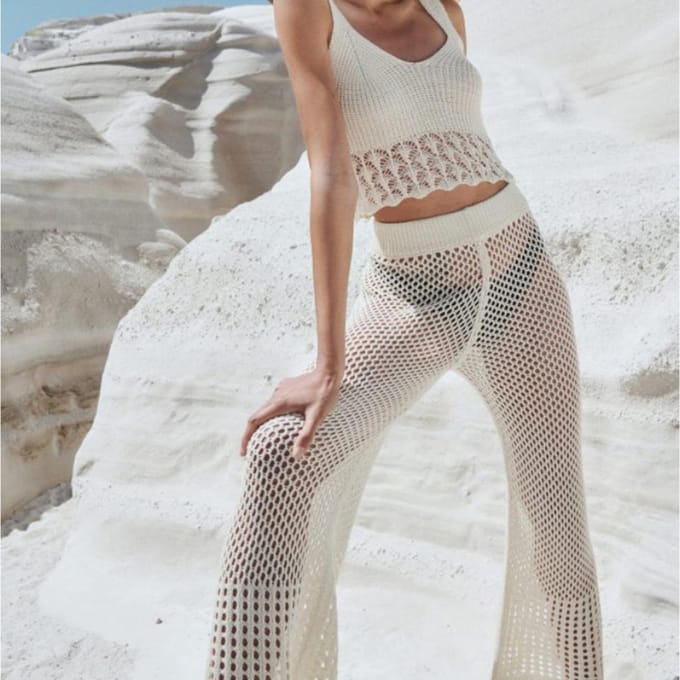 Ensemble Top de Plage Sexy à Découpes Transparentes Coupe Ample Sans Manches Pantalon de Loisir Vacances L gray