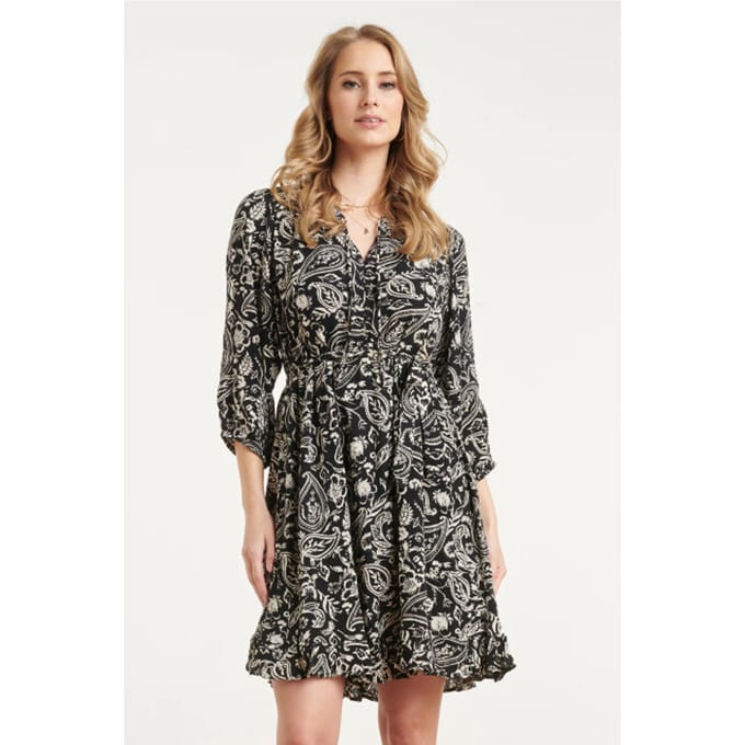 Smashed Lemon Zwarte jurk met beige paisley print en ruffle zoom |