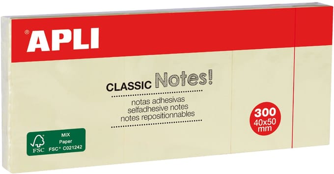 APLI zelfklevende memo's 'CLASSIC Notes!', 40 x 50 mm, geel