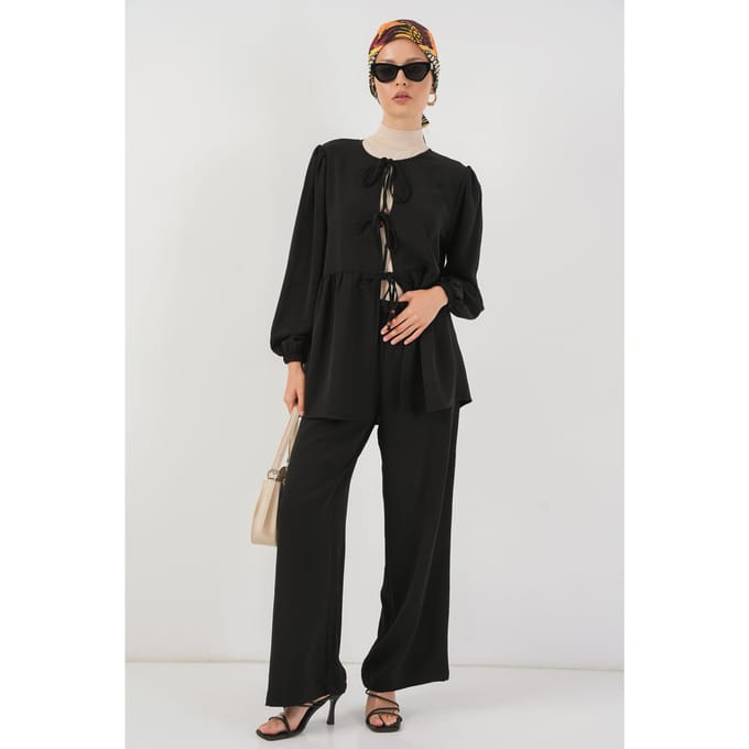 Ronde Hals Lange Tuniek en Wijde Pantalon Set