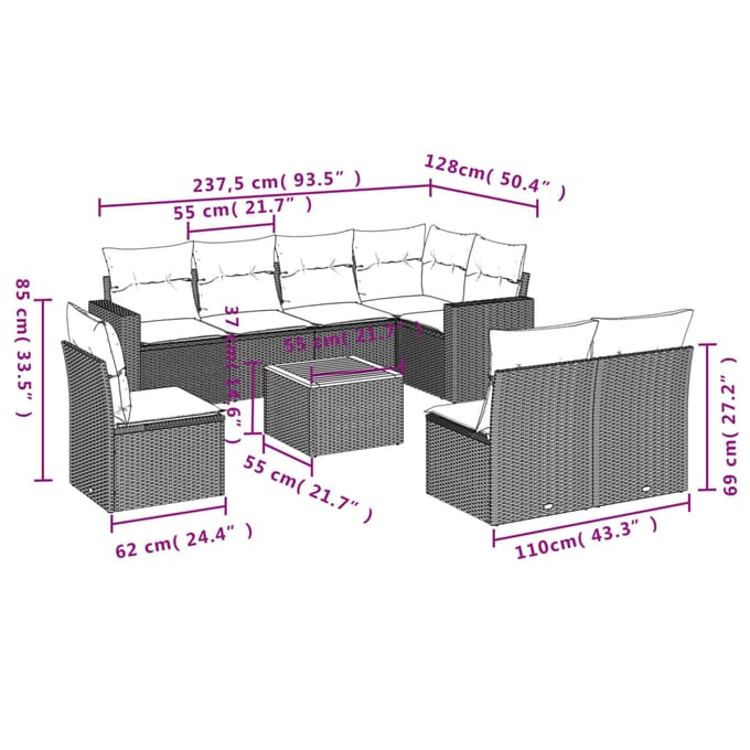 vidaXL - 9-delige - Loungeset - met - kussens - poly - rattan - beige