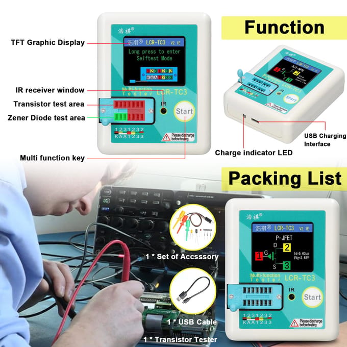 Multifunctionele transistortester Zenerdiodetester Spanningsregelaar Diode NPN PNP Bipolair veelkleurig
