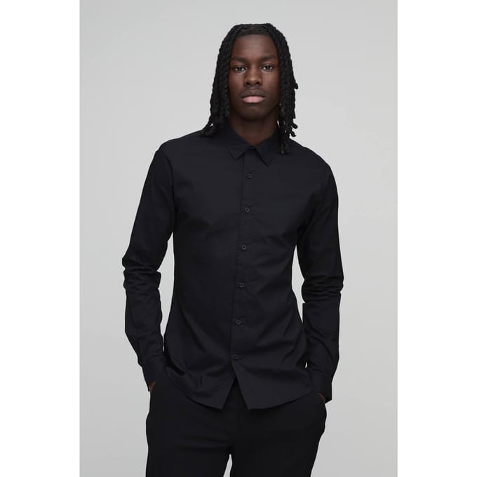 Stretch Fit Shirt met Lange Mouwen | Black | Size Medium