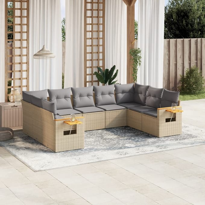vidaXL - 9-delige - Loungeset - met - kussens - poly - rattan - beige