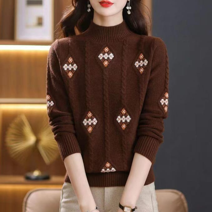 Pull d'hiver court épais pour femme, haut à col semi-haut One size café