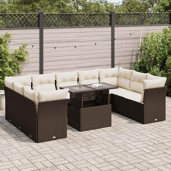 vidaXL - 10-delige - Loungeset - met - kussens - poly - rattan - bruin